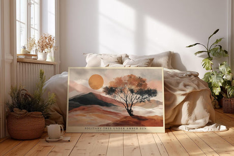 Paul Sinus Wandbild 120x80cm Wuestenlandschaft mit Baum und Sonne Warme Naturkunst in Orange und Beige fuer moderne Wohnräume