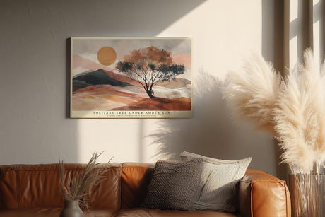 Paul Sinus Wandbild 120x80cm Wuestenlandschaft mit Baum und Sonne Warme Naturkunst in Orange und Beige fuer moderne Wohnräume