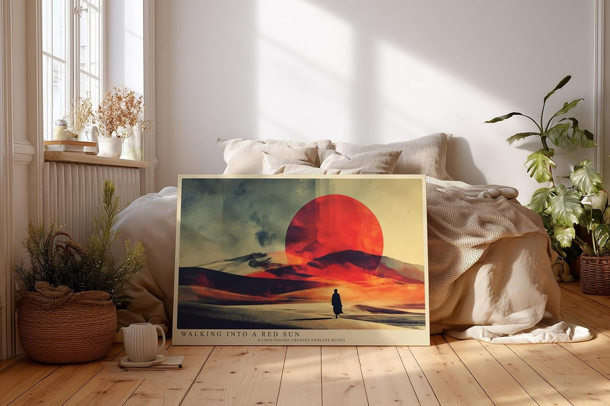 Paul Sinus Wandbild 120x80cm Wuestenlandschaft roter Sonnenuntergang modern Landschaft Kunst Kunstdruck grosses Kunstbild atmosphaerische Wanddekoration fuer Wohnzimmer Büro