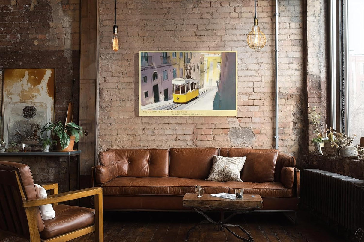 Paul Sinus Wandbild 120x80cm Yellow Tram in Lisbon Stadt Szene Straßenbahn Lissabon Reise Kunst Poster für Wohnzimmer Büro Flur
