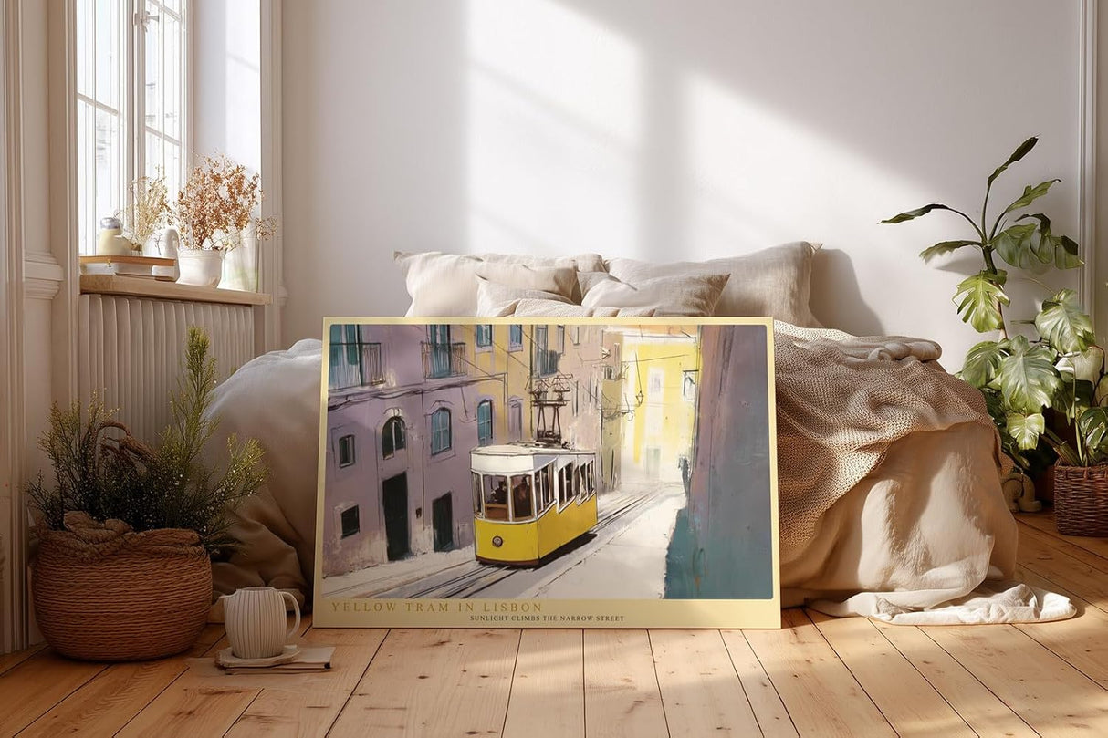 Paul Sinus Wandbild 120x80cm Yellow Tram in Lisbon Stadt Szene Straßenbahn Lissabon Reise Kunst Poster für Wohnzimmer Büro Flur