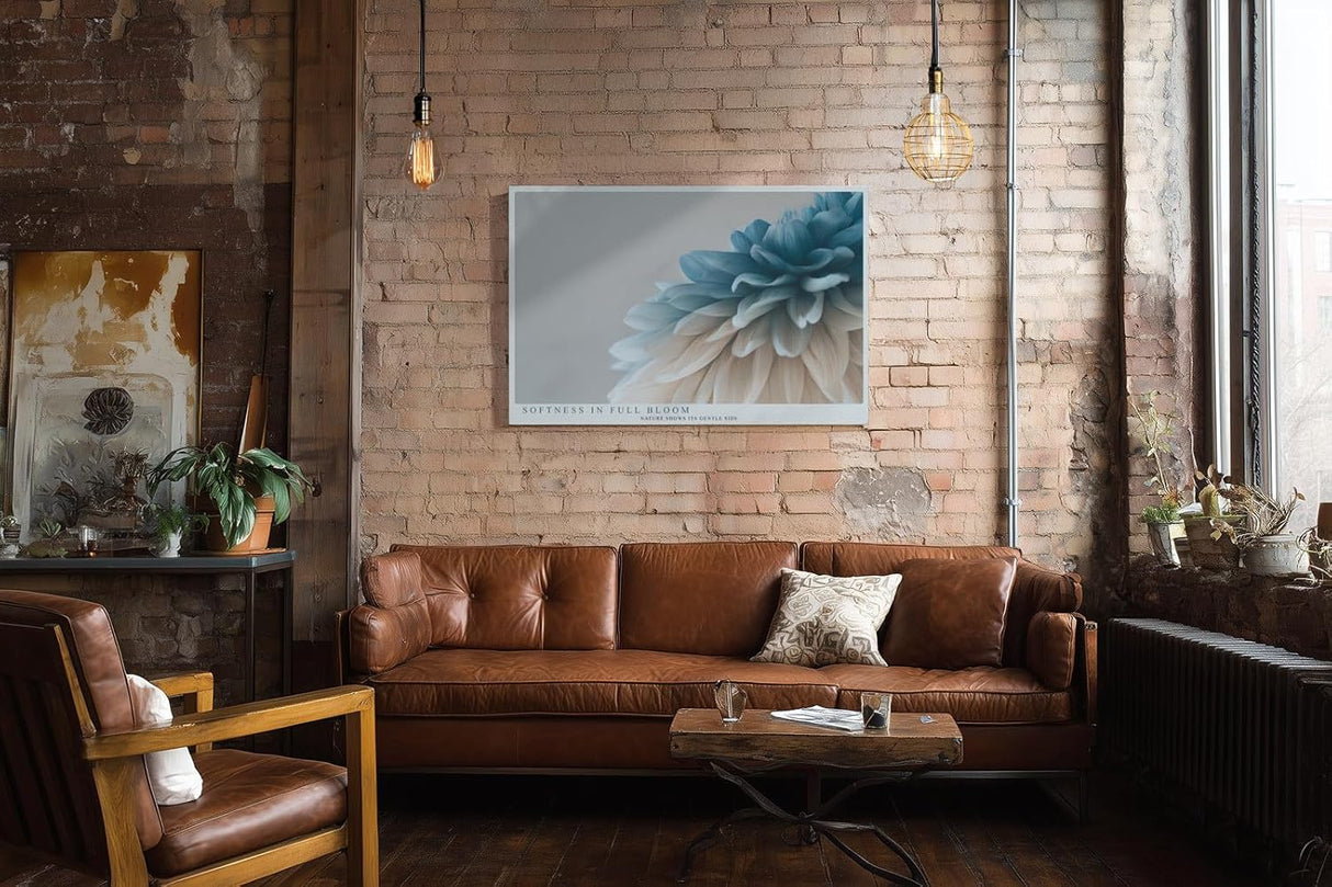 Paul Sinus Wandbild 120x80cm zarte Bluete Makroaufnahme in Blau und Creme moderne florale Kunst stilvolle Wanddekoration fuer Wohnzimmer Büro