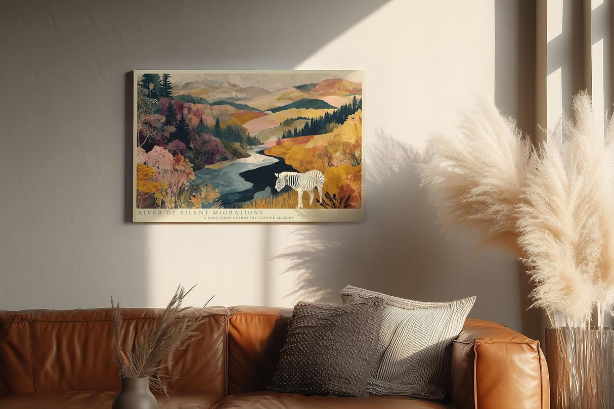 Paul Sinus Wandbild 120x80cm Zebra Landschaft Fluss Natur Illustration moderne Tierkunst Wanddekoration Wohnzimmer Schlafzimmer
