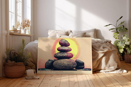 Paul Sinus Wandbild 120x80cm Zen Steine Balance Meditation Kunstmotiv mit Sonnenkreis ruhige Spa Wanddekoration fuer Wohnzimmer Yoga Raum