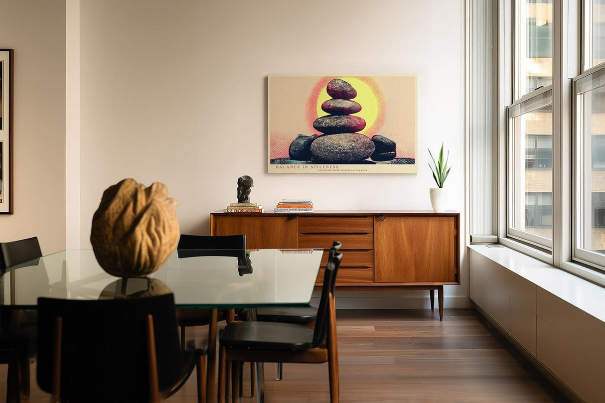 Paul Sinus Wandbild 120x80cm Zen Steine Balance Meditation Kunstmotiv mit Sonnenkreis ruhige Spa Wanddekoration fuer Wohnzimmer Yoga Raum