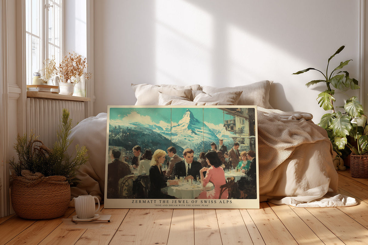 Paul Sinus Wandbild Zermatt The Jewel of Swiss Alps Malerische Szene eines eleganten Restaurants mit Blick auf das Matterhorn – Sinnbild für Luxus und Bergromantik.