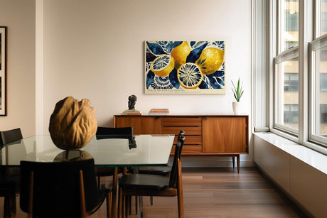 Paul Sinus Wandbild 120x80cm Zitronen Illustration blau gelb mediterrane Kunst modernes Fruchtmotiv Kunstdruck grosses Wandbild 120x80cm frische Wanddekoration fuer Kueche Esszimmer Wohnzimmer