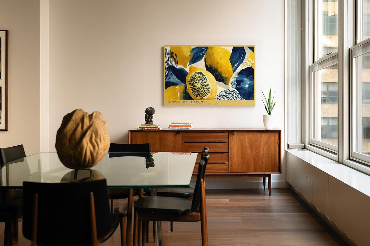 Paul Sinus Wandbild 120x80cm Zitronen Kunst modern gelb blau mediterrane Illustration Fruchtmotiv Kunstdruck grosses Wandbild 120x80cm stilvolle Wanddekoration fuer Kueche Esszimmer Wohnzimmer