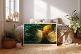 Paul Sinus Wandbild 120x80cm Zitronen mit Wasserspritzern frisches Frucht Stillleben gruene Blaetter lebendige Kuechenkunst moderne Leinwand Wanddekoration fuer Kueche Esszimmer Bar