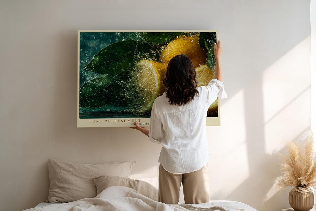 Paul Sinus Wandbild 120x80cm Zitronen mit Wasserspritzern frisches Frucht Stillleben gruene Blaetter lebendige Kuechenkunst moderne Leinwand Wanddekoration fuer Kueche Esszimmer Bar