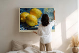 Paul Sinus Wandbild 120x80cm Zitronen Stillleben Fruchtmalerei blau gelb mediterrane Kuechenkunst Wanddekoration fuer Esszimmer Kueche Wohnzimmer