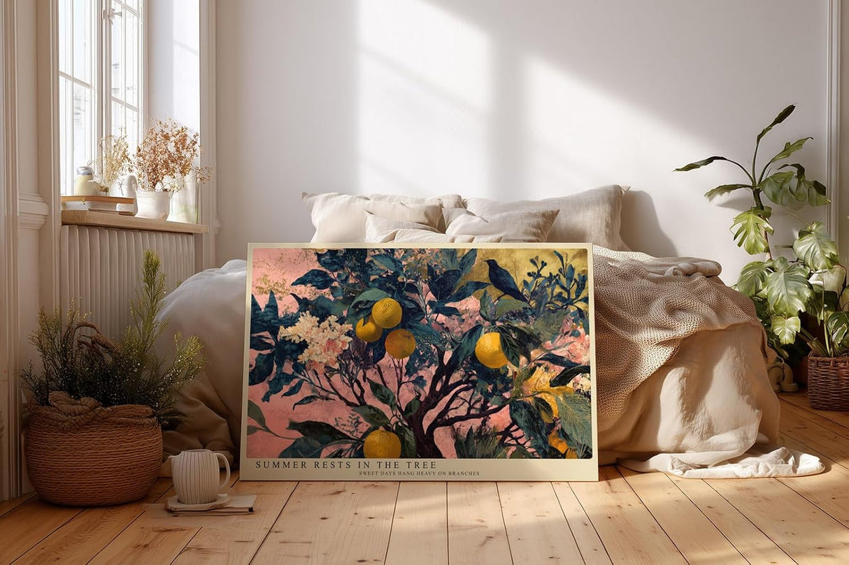 Paul Sinus Wandbild 120x80cm Zitronenbaum mit Vogel Botanische Kunst in Grün Gelb und Rosa für Wohnzimmer Küche Büro