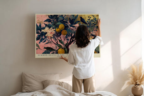 Paul Sinus Wandbild 120x80cm Zitronenbaum mit Vogel Botanische Kunst in Grün Gelb und Rosa für Wohnzimmer Küche Büro