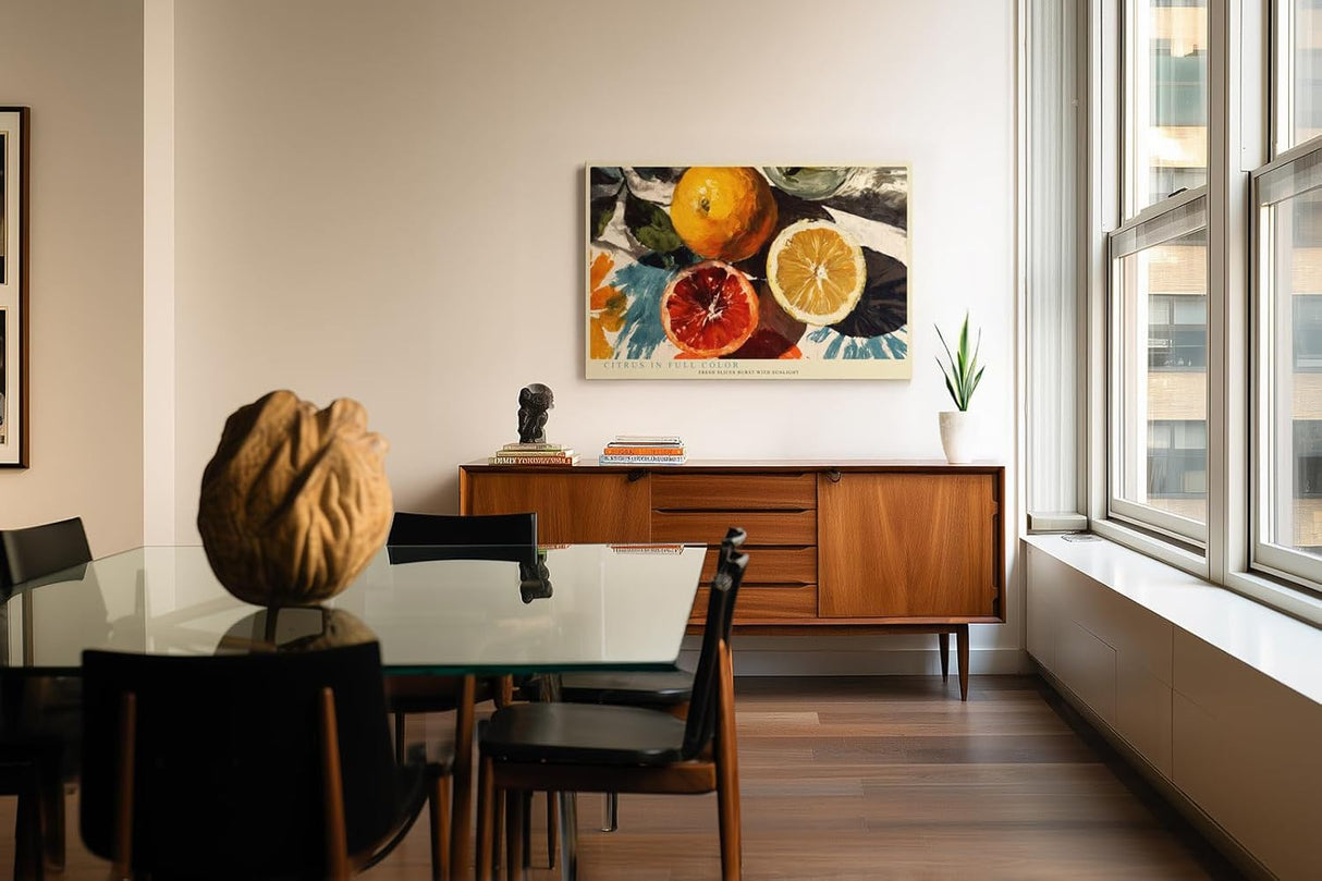 Paul Sinus Wandbild 120x80cm Zitrus Stillleben moderne Frucht Kunst orange gelb Kunstdruck grosses Wandbild 120x80cm frische Wanddekoration fuer Kueche Esszimmer Wohnzimmer
