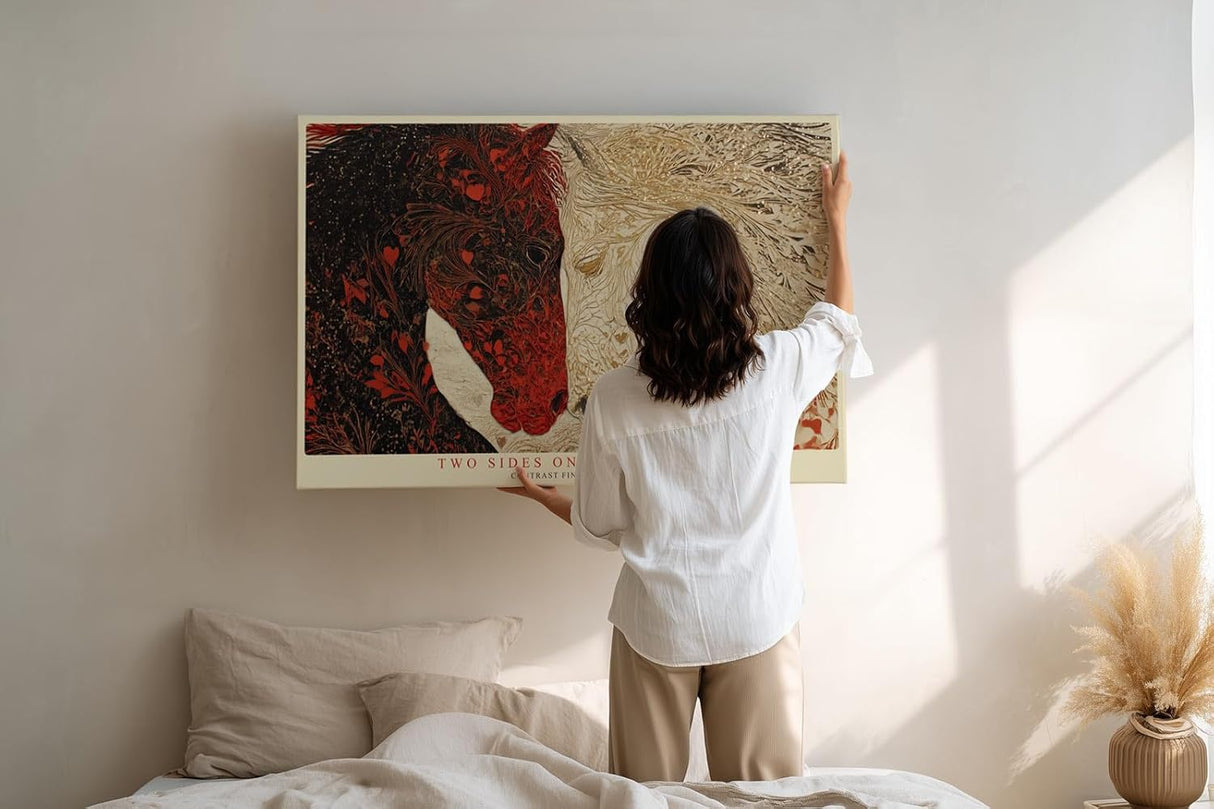 Paul Sinus Wandbild 120x80cm zwei Pferde abstrakte Tierkunst rot beige moderne Pferdemalerei Kunstdruck grosses Wandbild 120x80cm elegante Wanddekoration fuer Wohnzimmer Büro