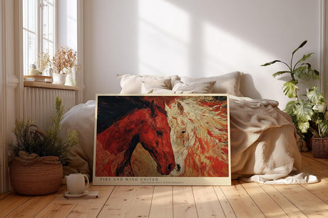 Paul Sinus Wandbild 120x80cm zwei Pferde abstrakte Tierkunst rot weiss moderne Pferdemalerei Kunstdruck grosses Wandbild 120x80cm kraftvolle Wanddekoration fuer Wohnzimmer Büro