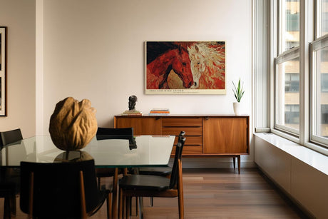Paul Sinus Wandbild 120x80cm zwei Pferde abstrakte Tierkunst rot weiss moderne Pferdemalerei Kunstdruck grosses Wandbild 120x80cm kraftvolle Wanddekoration fuer Wohnzimmer Büro