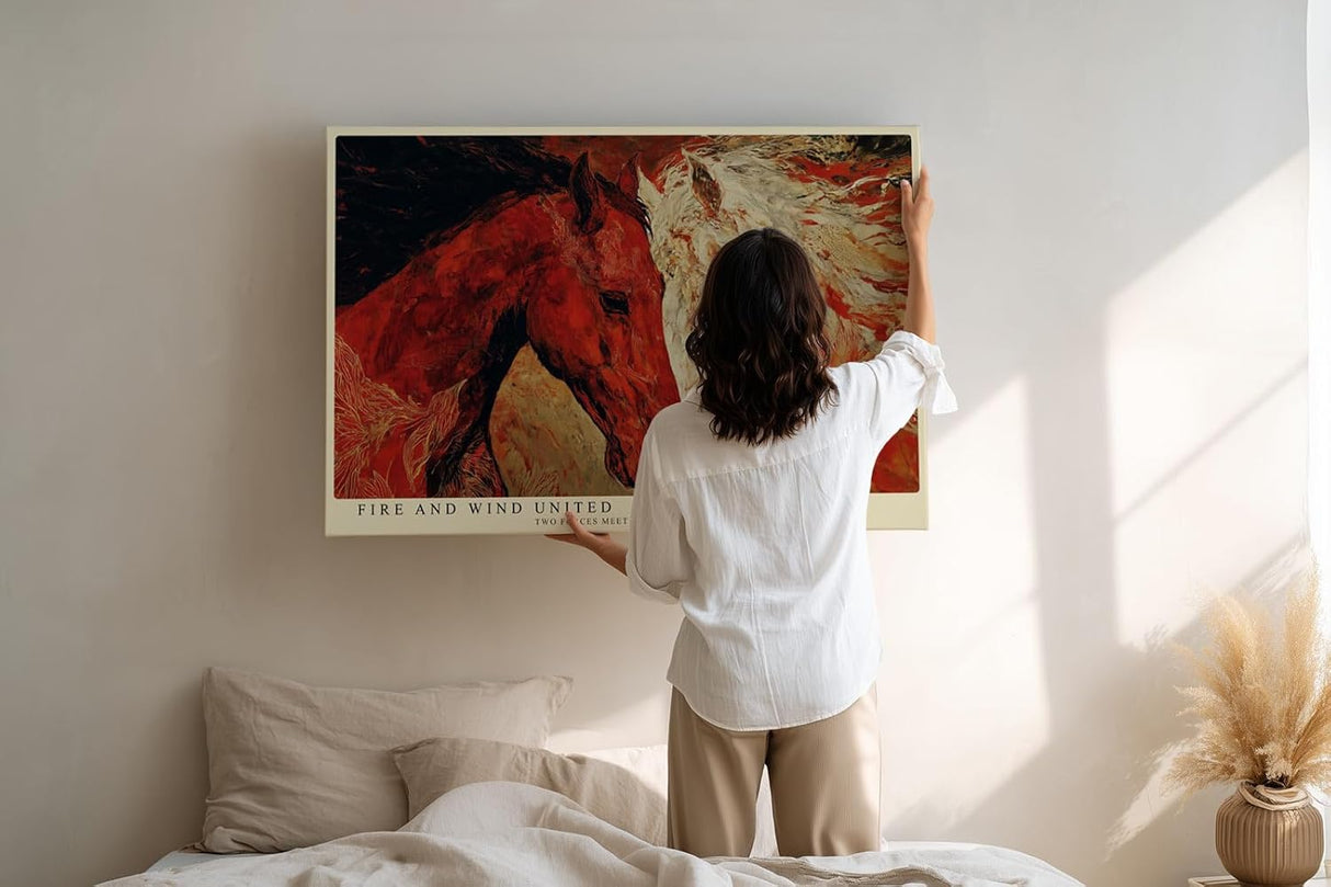 Paul Sinus Wandbild 120x80cm zwei Pferde abstrakte Tierkunst rot weiss moderne Pferdemalerei Kunstdruck grosses Wandbild 120x80cm kraftvolle Wanddekoration fuer Wohnzimmer Büro