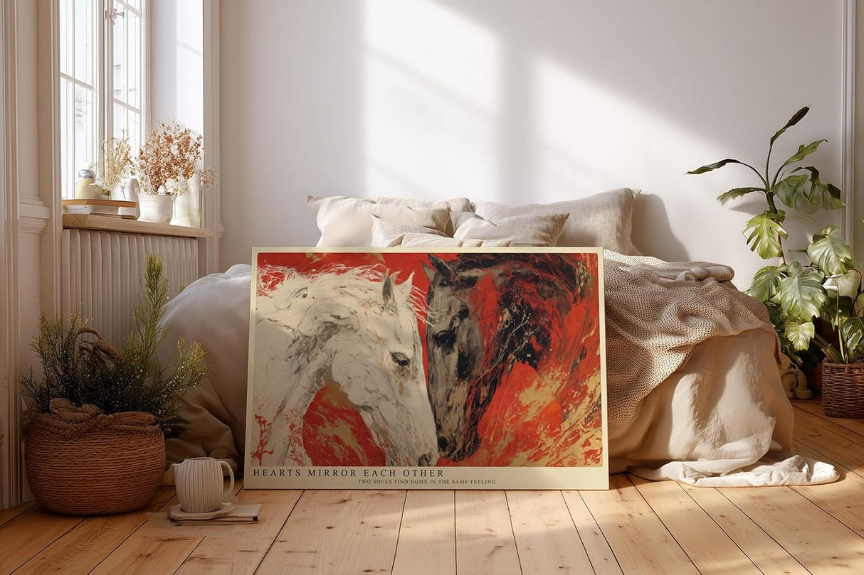 Paul Sinus Wandbild 120x80cm zwei Pferde abstrakte Tierkunst rot weiss modernes Pferdemotiv Kunstdruck grosses Wandbild 120x80cm kraftvolle Wanddekoration fuer Wohnzimmer Büro