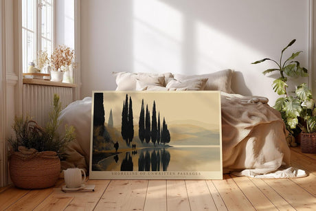 Paul Sinus Wandbild 120x80cm Zypressen am ruhigen Seeufer mediterrane Landschaftskunst