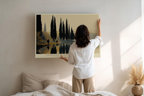 Paul Sinus Wandbild 120x80cm Zypressen am ruhigen Seeufer mediterrane Landschaftskunst