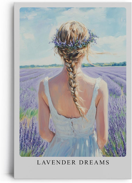 Paul Sinus Leinwandbild 80x120cm romantische Frau im Lavendelfeld mit zartem Blumenkranz – kunstvolles Leinwandbild für stilvolle Raumgestaltung