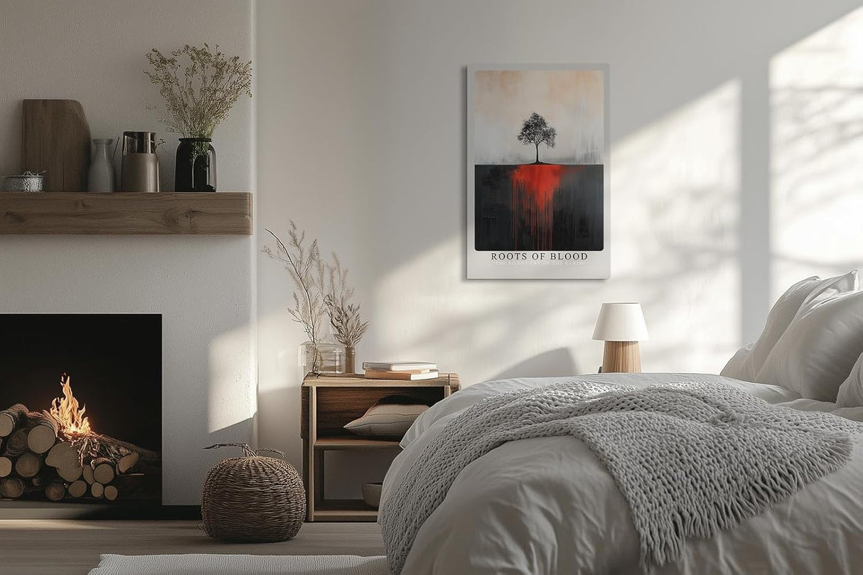 Paul Sinus Leinwandbild 80x120cm Roots of Blood – Symbolischer Baum mit dramatischen roten Wurzeln auf abstrakter Leinwand