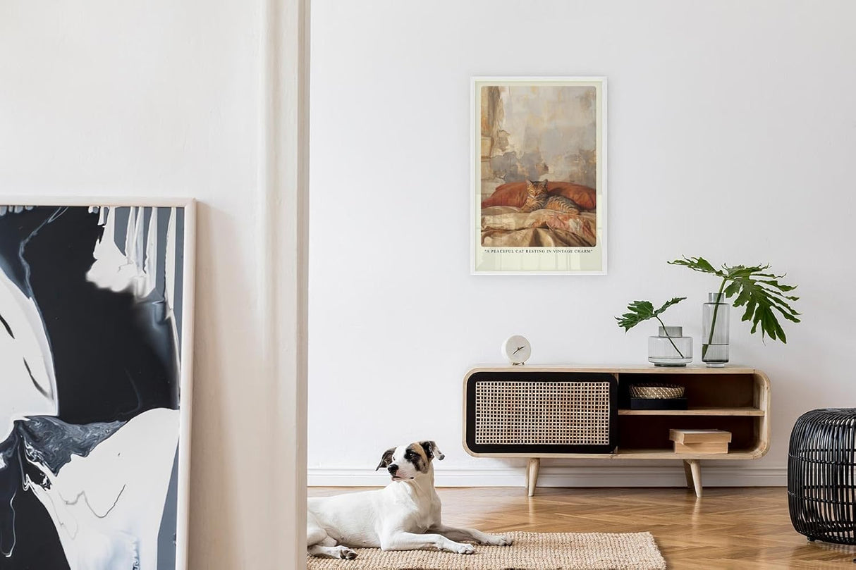 Paul Sinus Leinwandbild 40x60cm Ruhende Katze – Gemütliche Vintage-Atmosphäre mit entspanntem Haustier auf sanften Stoffen