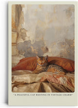 Paul Sinus Leinwandbild 40x60cm Ruhende Katze – Gemütliche Vintage-Atmosphäre mit entspanntem Haustier auf sanften Stoffen