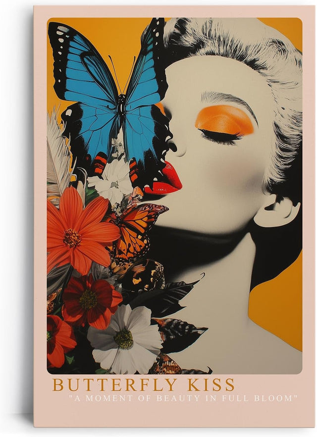 Paul Sinus Leinwandbild 40x60cm Schmetterlingskuss – Elegantes Pop-Art-Porträt mit leuchtenden Farben, floralen Elementen und surrealer Ästhetik