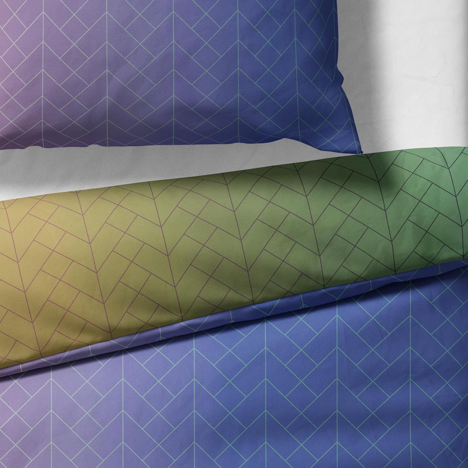 Sinus Art Bettwäsche 135x200 cm + 80x80 cm – Farbverlauf in Grün-Gelb mit violetter Rückseite – Modernes Chevron-Muster – Mikrofaser mit Reißverschluss