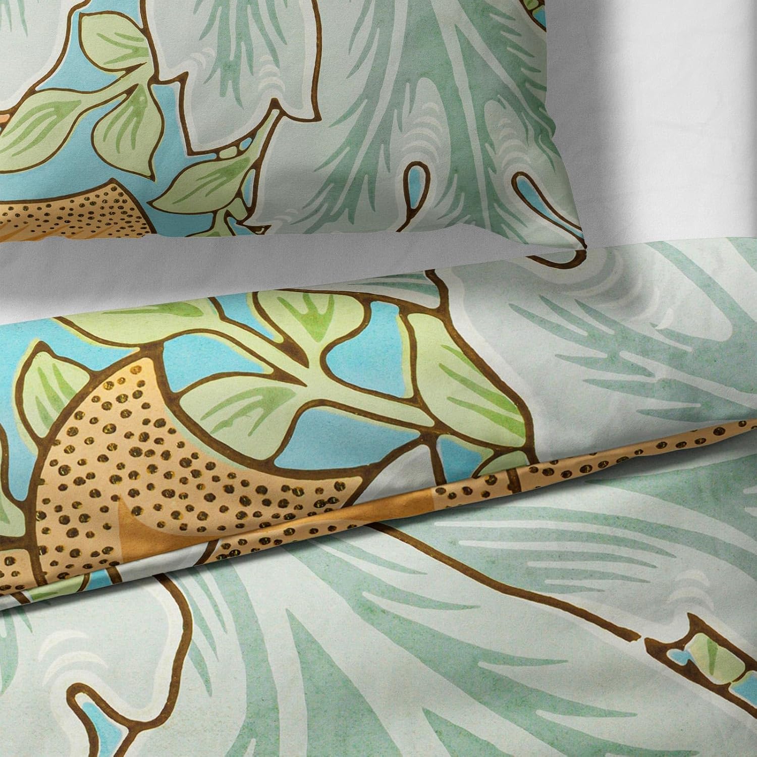 Sinus Art Bettwäsche 135x200 cm + 80x80 cm – florales Naturmotiv in Grün, Blau und Beige – Mikrofaser – atmungsaktiv & pflegeleicht