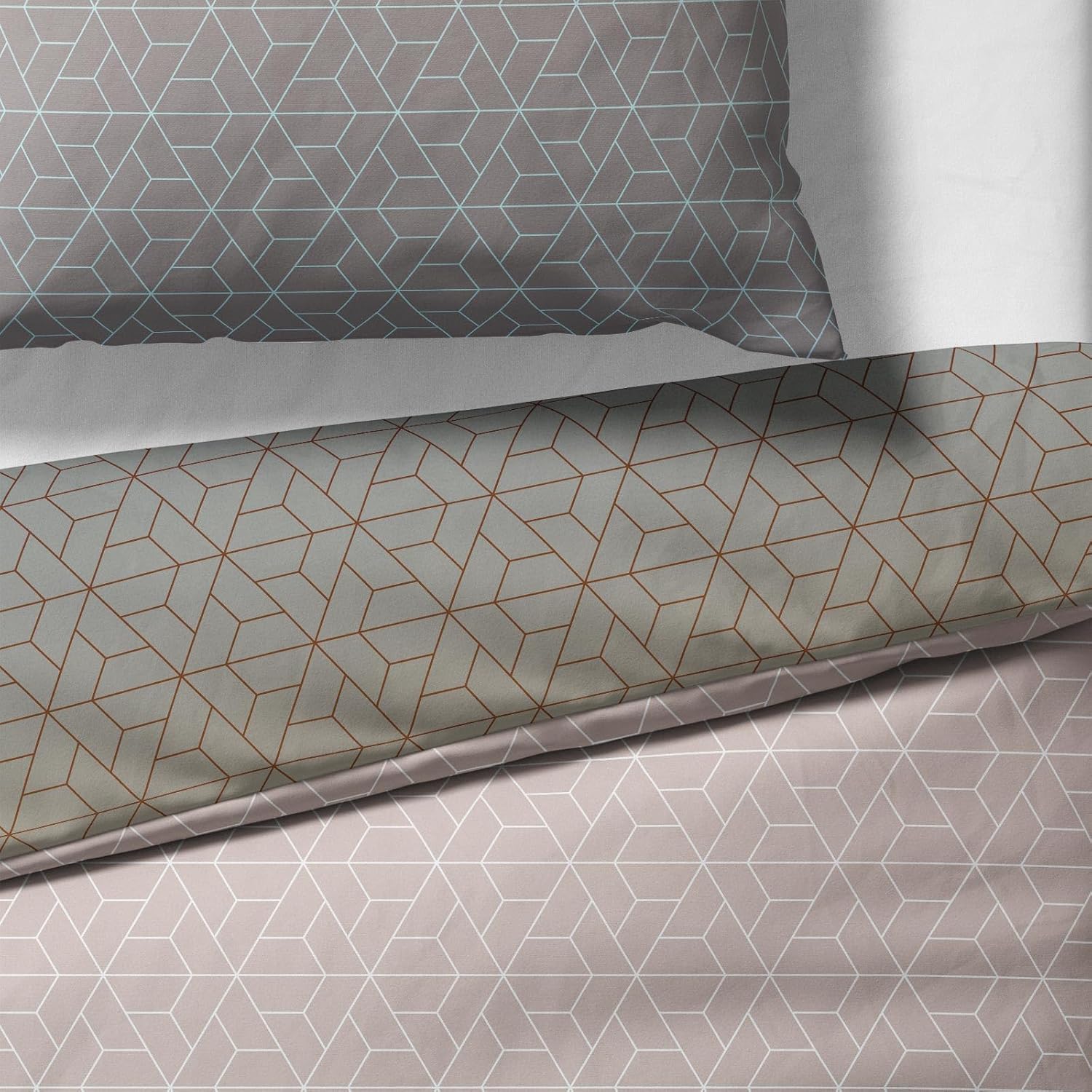 Sinus Art Bettwäsche 135x200 cm + 80x80 cm – Zweifarbige Wendeoptik in Dunkelgrün & Beige mit geometrischem Muster – Mikrofaser mit Reißverschluss