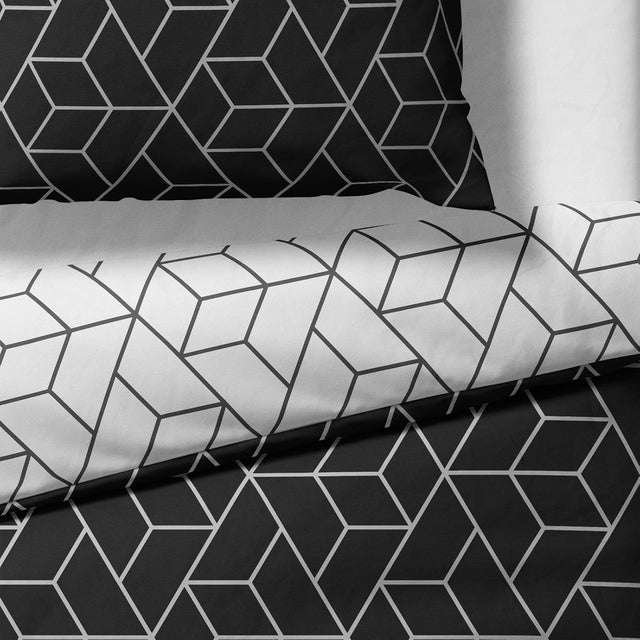 Sinus Art Bettwäsche 135x200 cm + 80x80 cm – Zweifarbige Wendeoptik in Weiß & Schwarz mit modernem Würfelmuster – Mikrofaser mit Reißverschluss