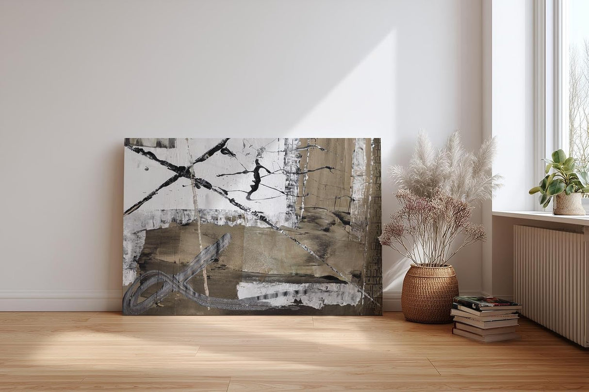 Sinus Art Wandbild 120x80cm Abstrakte Elemente in Schwarz, Weiß und Braun mit grafischen Linien und Symbolen