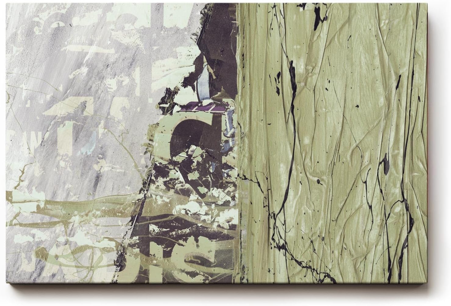 Sinus Art Wandbild 120x80cm Abstrakte Farbflächen in Grün und Grau mit textilen Strukturen und Typografiefragmenten