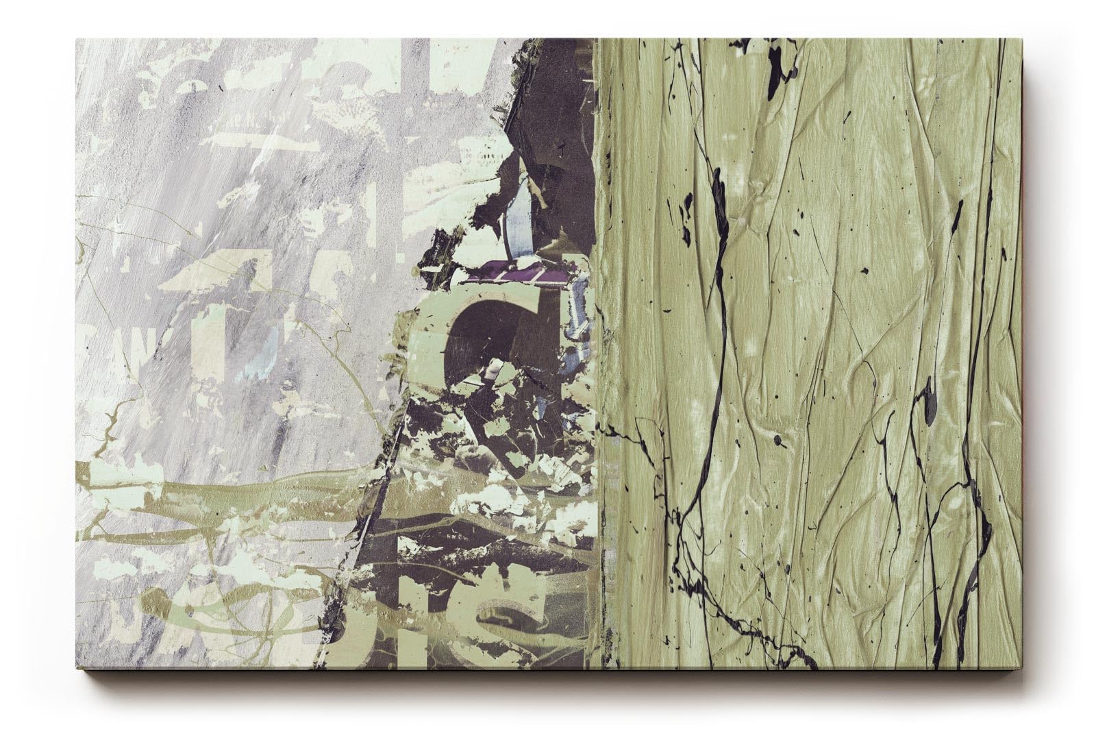 Sinus Art Wandbild 120x80cm Abstrakte Farbflächen in Grün und Grau mit textilen Strukturen und Typografiefragmenten