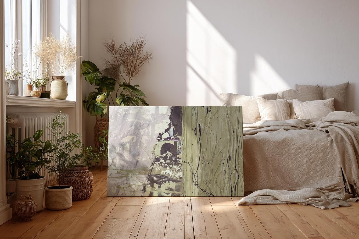 Sinus Art Wandbild 120x80cm Abstrakte Farbflächen in Grün und Grau mit textilen Strukturen und Typografiefragmenten