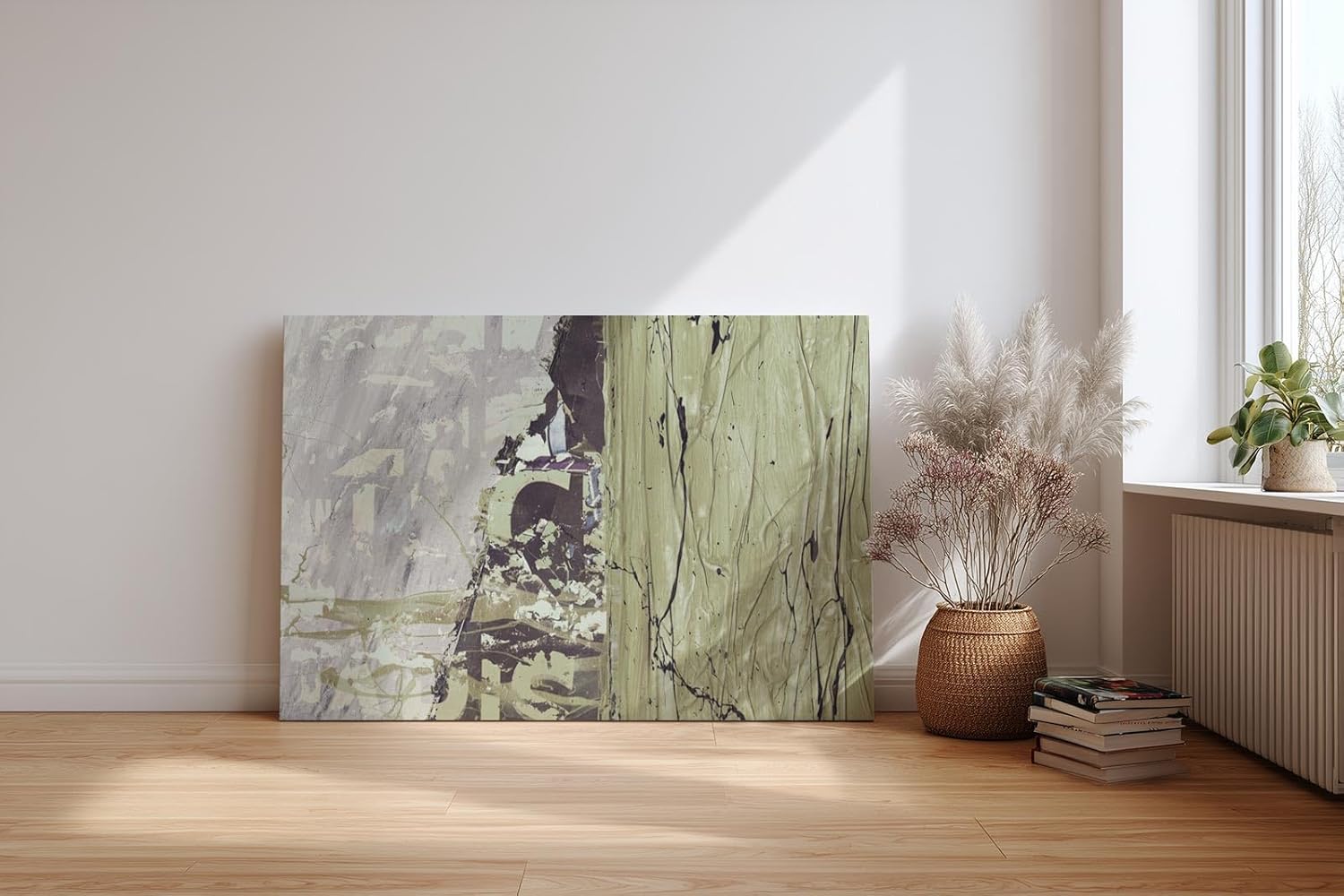 Sinus Art Wandbild 120x80cm Abstrakte Farbflächen in Grün und Grau mit textilen Strukturen und Typografiefragmenten