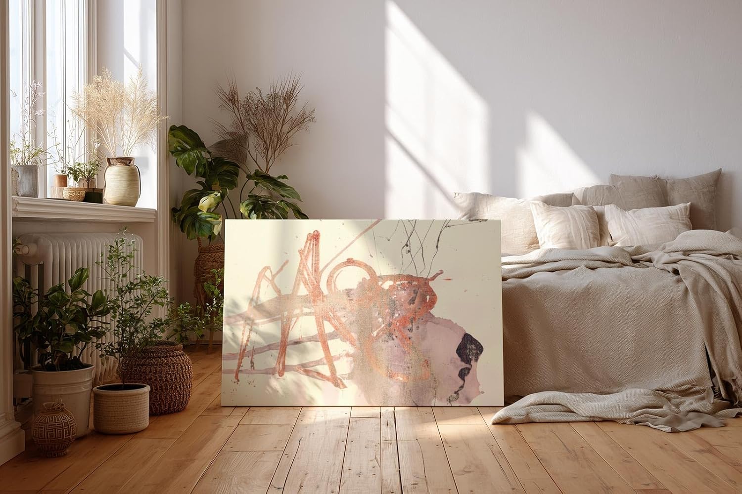 Sinus Art Wandbild 120x80cm Abstrakte Formen in sanftem Rot, Beige und Grau mit skizzenhaften Linien