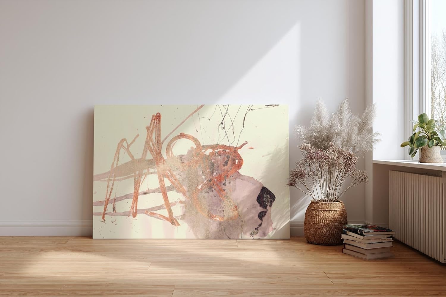 Sinus Art Wandbild 120x80cm Abstrakte Formen in sanftem Rot, Beige und Grau mit skizzenhaften Linien