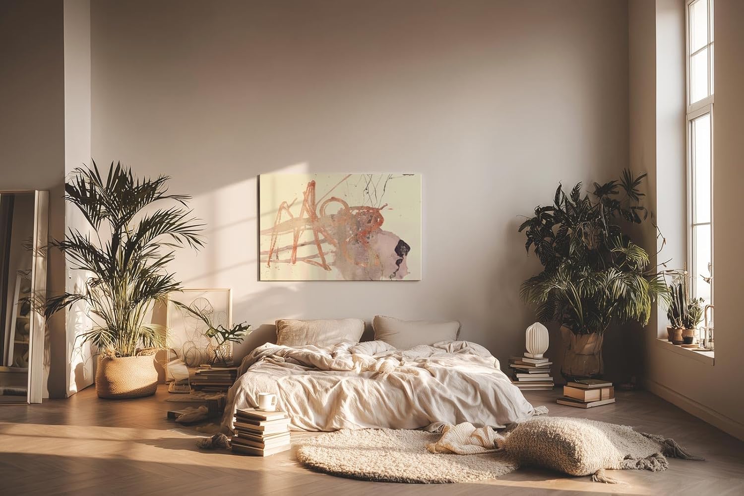 Sinus Art Wandbild 120x80cm Abstrakte Formen in sanftem Rot, Beige und Grau mit skizzenhaften Linien