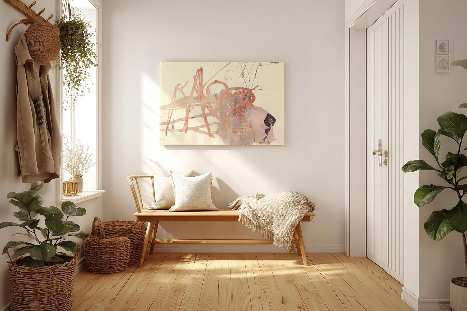 Sinus Art Wandbild 120x80cm Abstrakte Formen in sanftem Rot, Beige und Grau mit skizzenhaften Linien