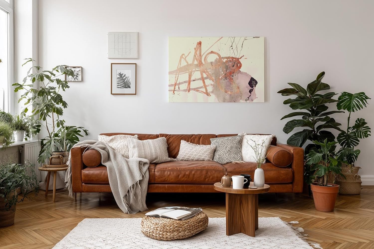 Sinus Art Wandbild 120x80cm Abstrakte Formen in sanftem Rot, Beige und Grau mit skizzenhaften Linien