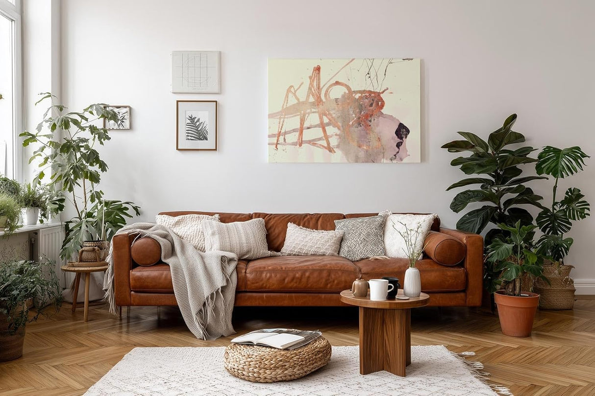 Sinus Art Wandbild 120x80cm Abstrakte Formen in sanftem Rot, Beige und Grau mit skizzenhaften Linien