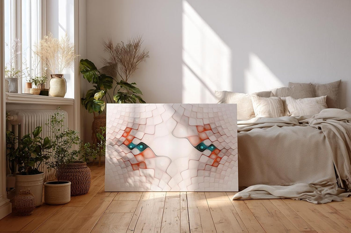 Sinus Art Wandbild 120x80cm Abstrakte Kachelstruktur in Rosa, Rot und Türkis mit symmetrischer Mitte und leuchtenden Akzenten