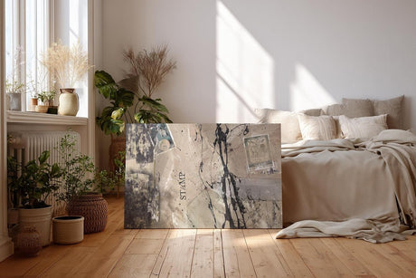Sinus Art Wandbild 120x80cm Abstrakte Komposition aus Stempeln, Marken und Schriften auf neutralem Hintergrund