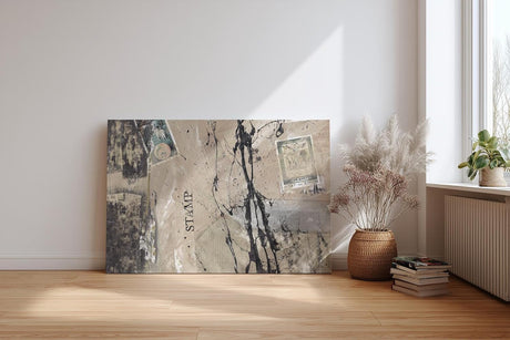Sinus Art Wandbild 120x80cm Abstrakte Komposition aus Stempeln, Marken und Schriften auf neutralem Hintergrund