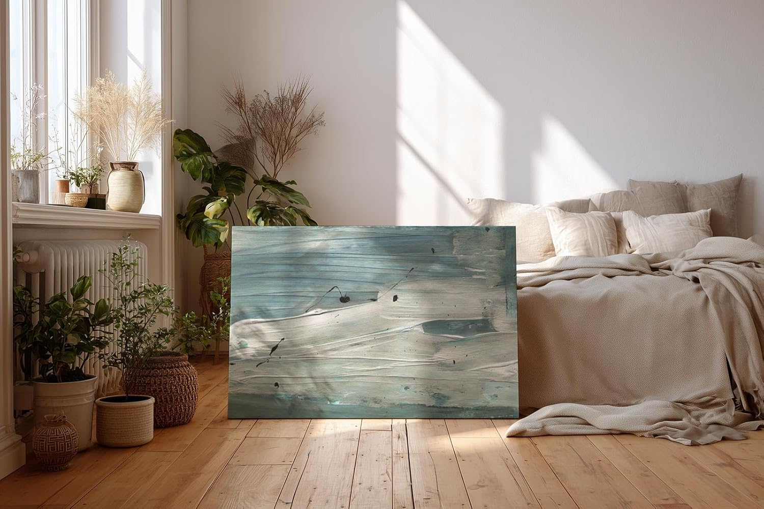 Sinus Art Wandbild 120x80cm Abstrakte Meer- oder Wasserbewegung in kühlen Blaugrün- und Grautönen