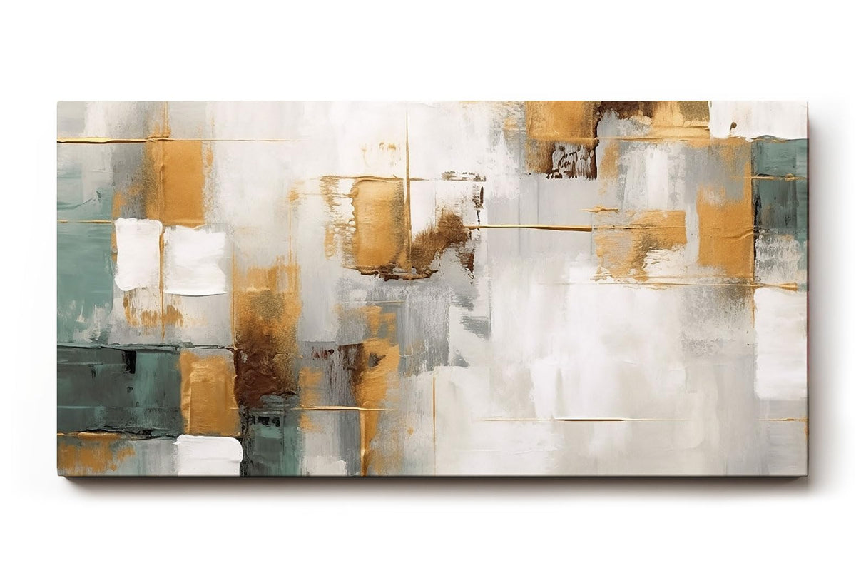Sinus Art Wandbild 120x80cm Abstraktes Motiv mit geometrischen Flächen in Gold, Grün und Weiß für moderne Raumgestaltung